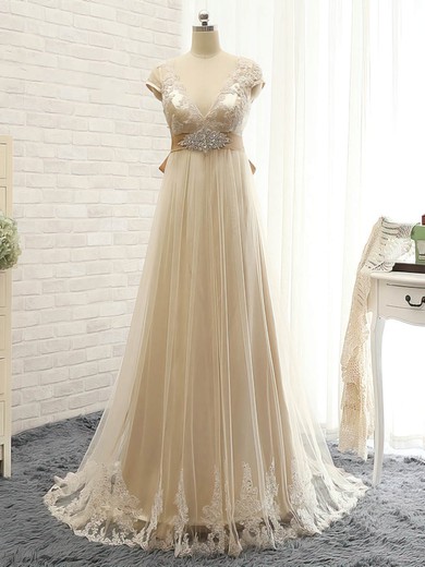 Tulle V-neck Empire Sweep Train with Appliques Lace Bridesmaid Dresses #UKM01013397