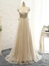 Tulle V-neck Empire Sweep Train with Appliques Lace Bridesmaid Dresses #UKM01013397