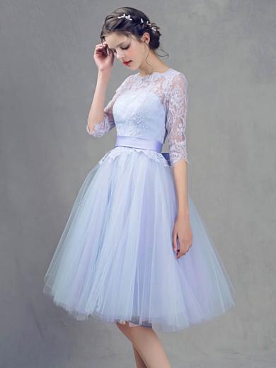 Lace Tulle Scoop Neck Princess Knee-length with Sashes / Ribbons Bridesmaid Dresses #UKM01013409