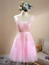 Tulle Scoop Neck A-line Short/Mini with Appliques Lace Bridesmaid Dresses #UKM01013415