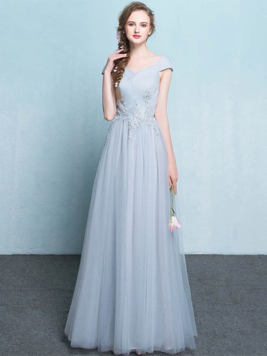 Tulle V-neck A-line Floor-length with Appliques Lace Bridesmaid Dresses #UKM01013425