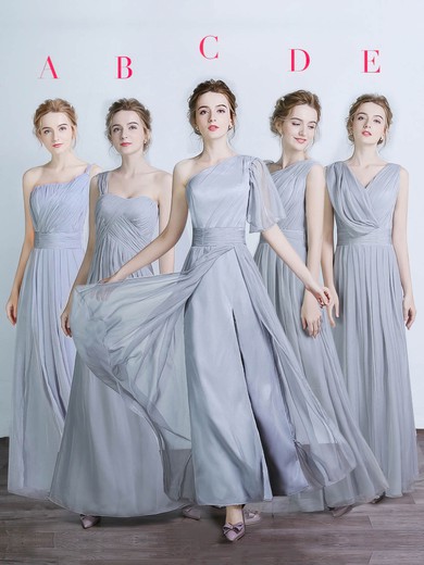 Chiffon Silk-like Satin One Shoulder A-line Floor-length with Split Front Bridesmaid Dresses #UKM01013429