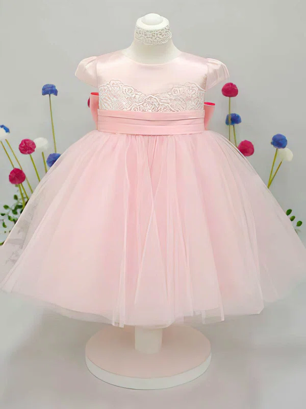 A-line Scoop Neck Lace Tulle Elastic Woven Satin Ankle-length Bow Flower Girl Dresses #UKM01031826