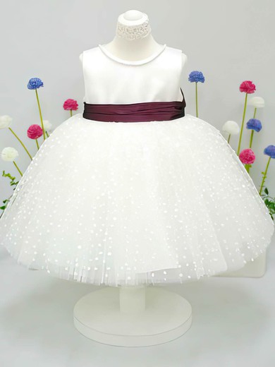 Ball Gown Scoop Neck Tulle Elastic Woven Satin Ankle-length Sashes / Ribbons Flower Girl Dresses #UKM01031827