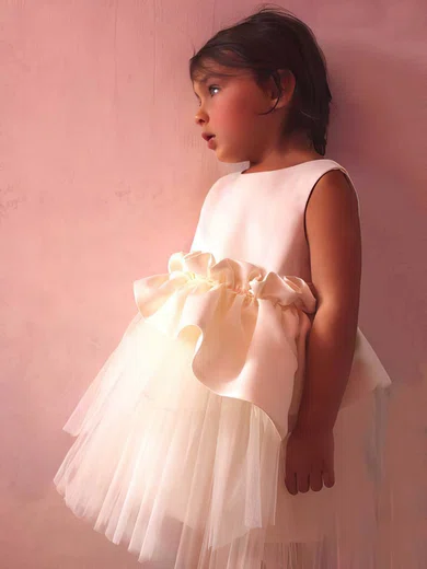 Ball Gown Scoop Neck Satin Tulle Tea-length Ruffles Flower Girl Dresses #UKM01031832