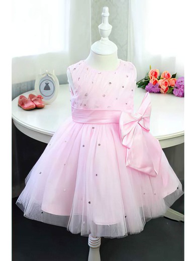Ball Gown Scoop Neck Satin Tulle Tea-length Beading Flower Girl Dresses #UKM01031833