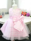 Ball Gown Scoop Neck Satin Tulle Tea-length Beading Flower Girl Dresses #UKM01031833