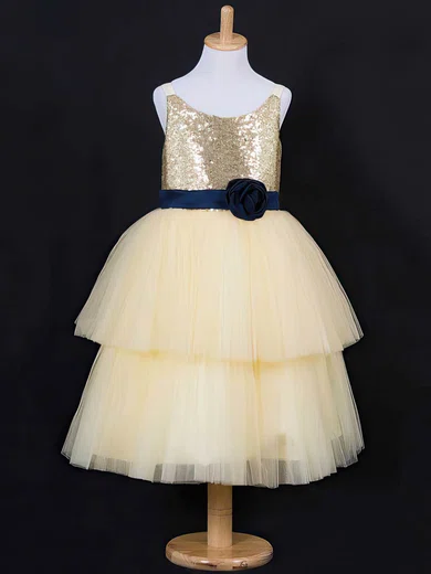 Ball Gown Scoop Neck Tulle Sequined Floor-length Sashes / Ribbons Flower Girl Dresses #UKM01031837
