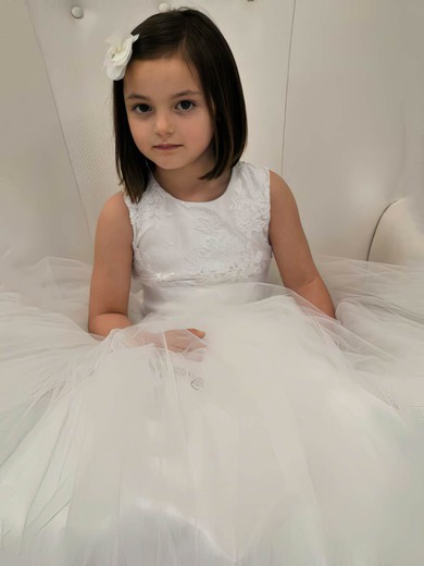 Ball Gown Scoop Neck Tulle Elastic Woven Satin Floor-length Appliques Lace Flower Girl Dresses #UKM01031841