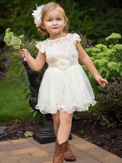 A-line Scoop Neck Lace Organza Short/Mini Sashes / Ribbons Flower Girl Dresses #UKM01031853