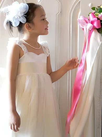 A-line Square Neckline Tulle Ankle-length Sashes / Ribbons Flower Girl Dresses #UKM01031867