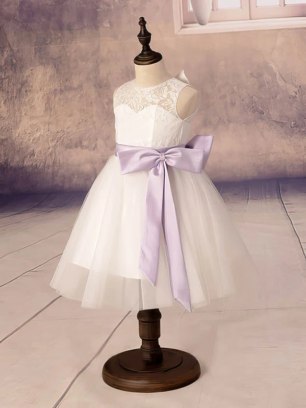 A-line Scoop Neck Lace Tulle Ankle-length Bow Flower Girl Dresses #UKM01031878