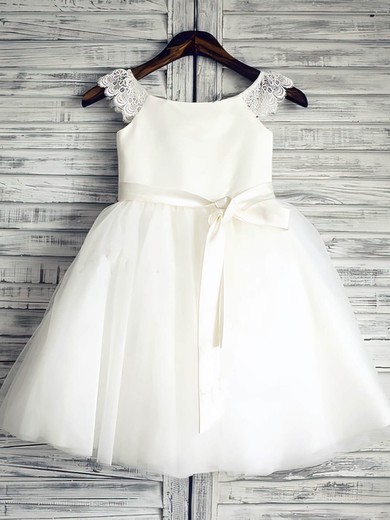 Ball Gown Scoop Neck Lace Satin Tulle Ankle-length Sashes / Ribbons Flower Girl Dresses #UKM01031881