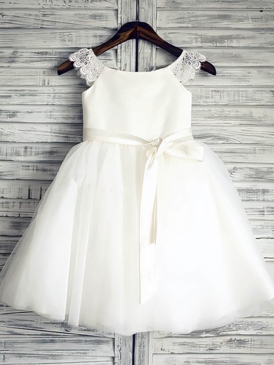 Ball Gown Scoop Neck Lace Satin Tulle Ankle-length Sashes / Ribbons Flower Girl Dresses #UKM01031881