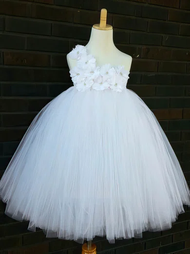 Empire One Shoulder Tulle Ankle-length Sashes / Ribbons Flower Girl Dresses #UKM01031854