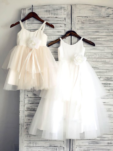 Ball Gown Scoop Neck Satin Tulle Ankle-length Tiered Flower Girl Dresses #UKM01031882