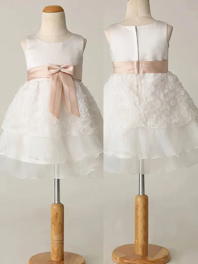A-line Scoop Neck Chiffon Elastic Woven Satin Short/Mini Tiered Flower Girl Dresses #UKM01031863