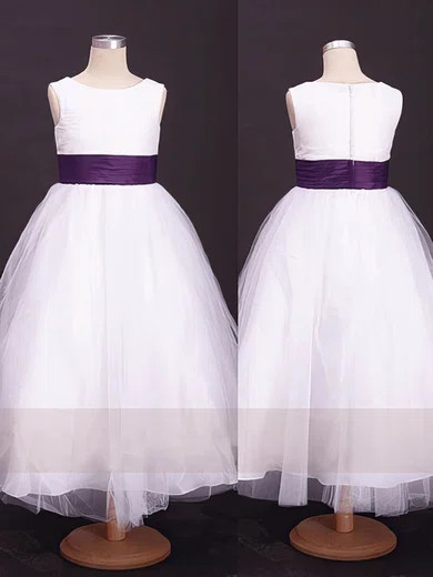 A-line Scoop Neck Tulle Elastic Woven Satin Ankle-length Sashes / Ribbons Flower Girl Dresses #UKM01031857
