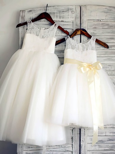 Ball Gown Scoop Neck Lace Tulle Ankle-length Sashes / Ribbons Flower Girl Dresses #UKM01031885