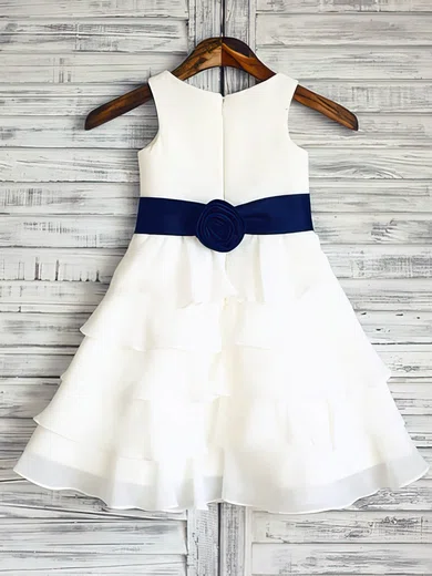 A-line Scoop Neck Chiffon Elastic Woven Satin Ankle-length Tiered Flower Girl Dresses #UKM01031848