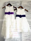 A-line Scoop Neck Chiffon Elastic Woven Satin Ankle-length Tiered Flower Girl Dresses #UKM01031848