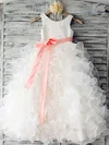 Ball Gown Scoop Neck Organza Elastic Woven Satin Floor-length Sashes / Ribbons Flower Girl Dresses #UKM01031883
