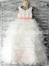 Ball Gown Scoop Neck Organza Elastic Woven Satin Floor-length Sashes / Ribbons Flower Girl Dresses #UKM01031883