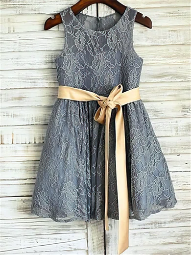 A-line Scoop Neck Lace Ankle-length Sashes / Ribbons Flower Girl Dresses #UKM01031849