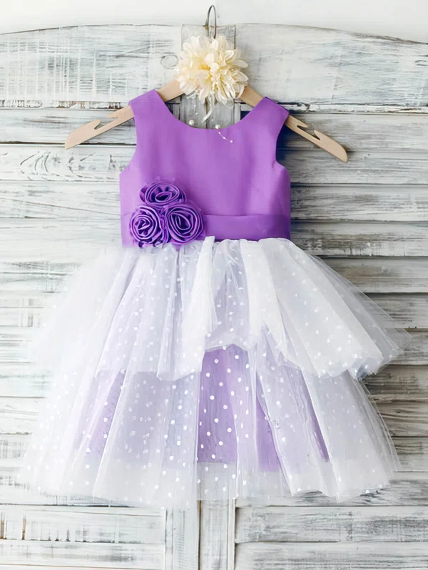 Ball Gown Scoop Neck Satin Tulle Ankle-length Tiered Flower Girl Dresses #UKM01031851