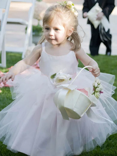 Ball Gown Scoop Neck Tulle Elastic Woven Satin Ankle-length Flower(s) Flower Girl Dresses #UKM01031888