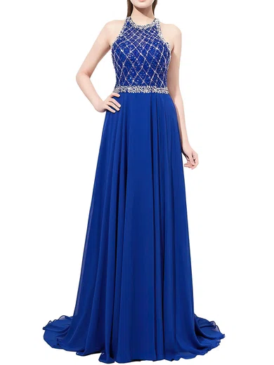 A-line Scoop Neck Chiffon Sweep Train Beading Prom Dresses #UKM020104147