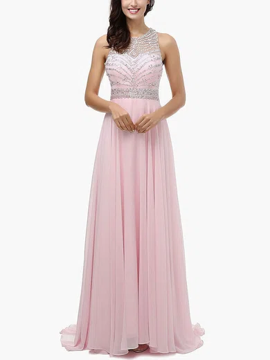 A-line Scoop Neck Chiffon Sweep Train Beading Prom Dresses #UKM020104148