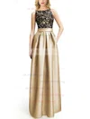 A-line Scoop Neck Satin Floor-length Appliques Lace Prom Dresses #UKM020104152