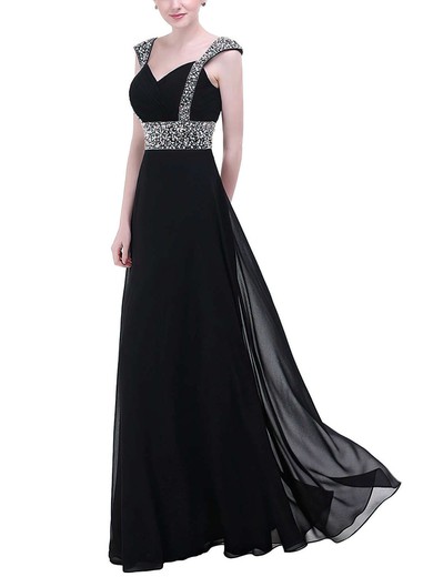 A-line V-neck Chiffon Floor-length Beading Prom Dresses #UKM020104155
