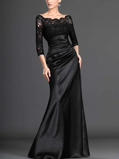 Sheath/Column Scalloped Neck Lace Satin Floor-length Ruffles Prom Dresses #UKM020104158