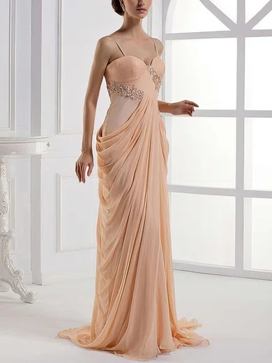 Sheath/Column Sweetheart Chiffon Sweep Train Beading Prom Dresses #UKM020104165