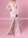 Trumpet/Mermaid V-neck Lace Floor-length Split Front Prom Dresses #UKM020104185