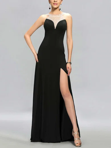 Sheath/Column Scoop Neck Chiffon Floor-length Beading Prom Dresses #UKM020104189