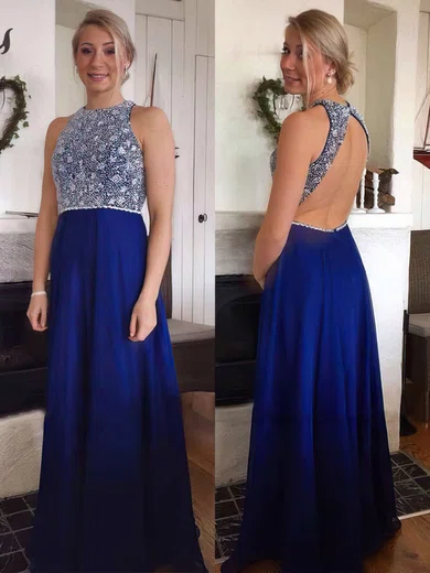 A-line Scoop Neck Chiffon Floor-length Sequins Prom Dresses #UKM020104217