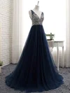 Princess V-neck Tulle Sweep Train Crystal Detailing Prom Dresses #UKM020104226