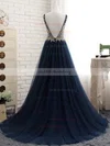 Princess V-neck Tulle Sweep Train Crystal Detailing Prom Dresses #UKM020104226
