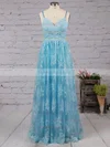 A-line V-neck Tulle Sweep Train Appliques Lace Prom Dresses #UKM020104261