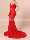 Trumpet/Mermaid V-neck Silk-like Satin Sweep Train Split Front Prom Dresses #UKM020104348