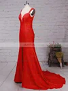 Trumpet/Mermaid V-neck Silk-like Satin Sweep Train Split Front Prom Dresses #UKM020104348