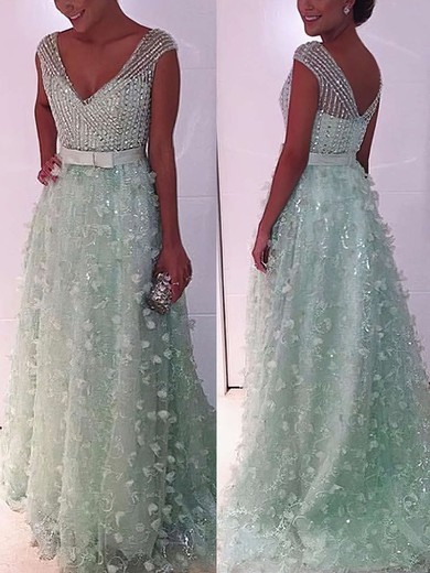 A-line V-neck Lace Tulle Sweep Train Beading Prom Dresses #UKM020104353