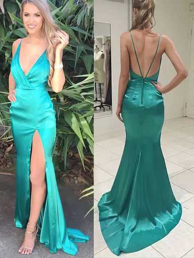 Trumpet/Mermaid V-neck Silk-like Satin Sweep Train Split Front Prom Dresses #UKM020104362