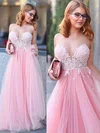 Princess Scoop Neck Tulle Floor-length Appliques Lace Prom Dresses #UKM020104370