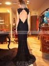 Trumpet/Mermaid V-neck Lace Sweep Train Split Front Prom Dresses #UKM020104384