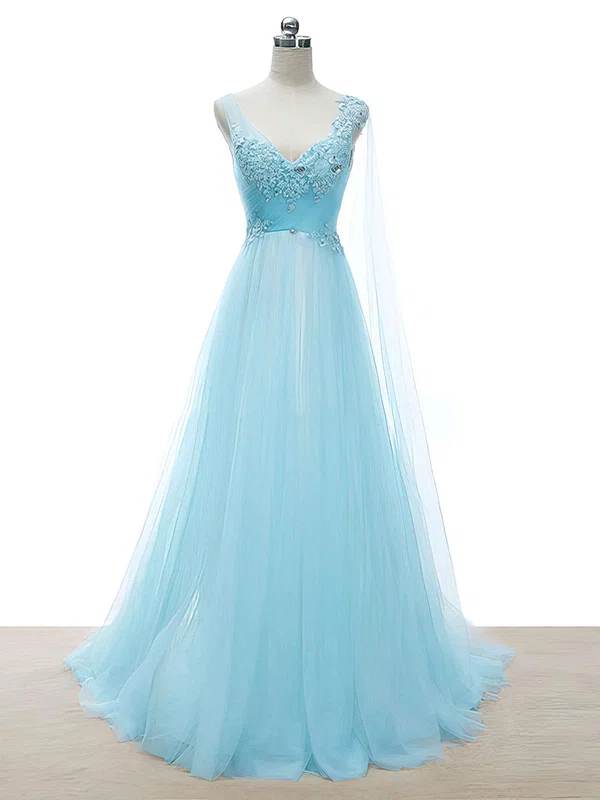 Princess V-neck Tulle Sweep Train Beading Prom Dresses #UKM020104385