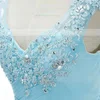 Princess V-neck Tulle Sweep Train Beading Prom Dresses #UKM020104385